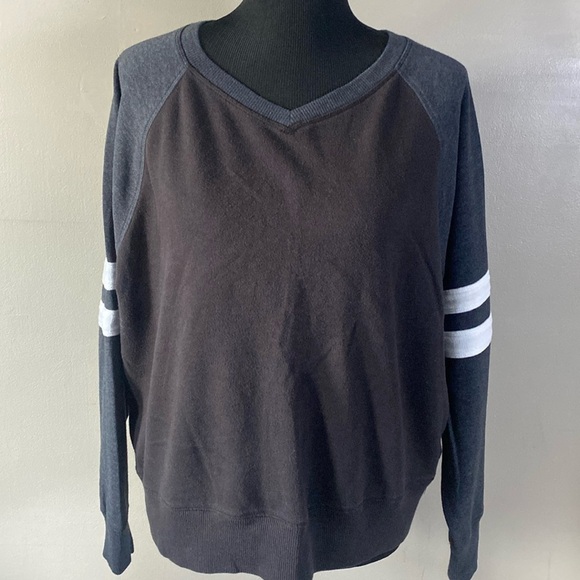 The Lounge Life Game Day Sweatshirt V-Neck Black Dark Heather Gray White Stripes - Picture 1 of 4